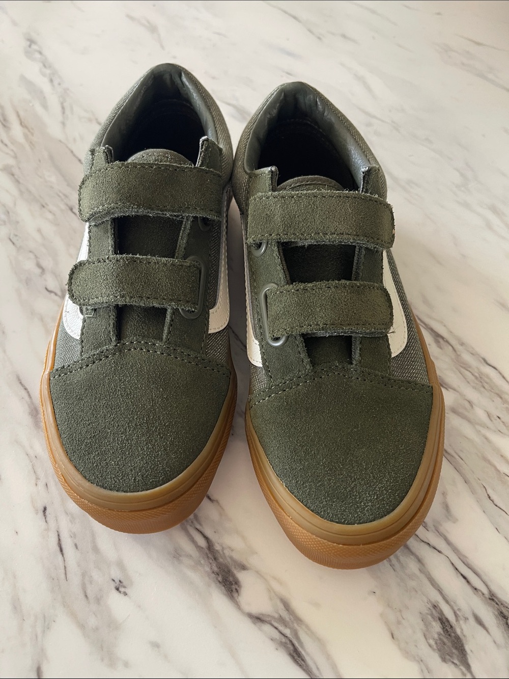 Kids Olive Green Velcro Vans with Gum Sole